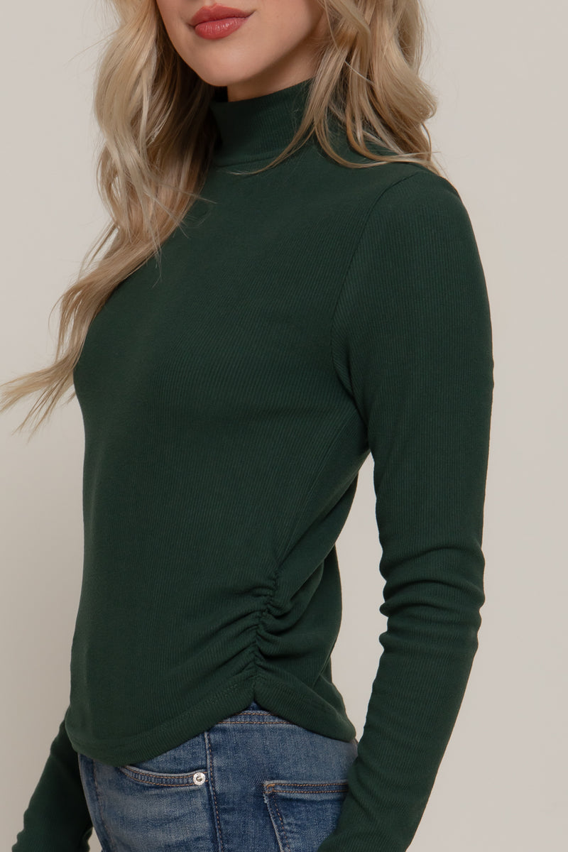 Ruched Side Long Sleeve Low Turtleneck Rib Top