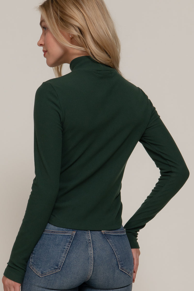 Ruched Side Long Sleeve Low Turtleneck Rib Top