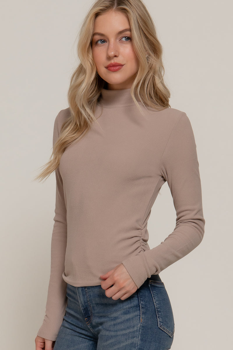 Ruched Side Long Sleeve Low Turtleneck Rib Top