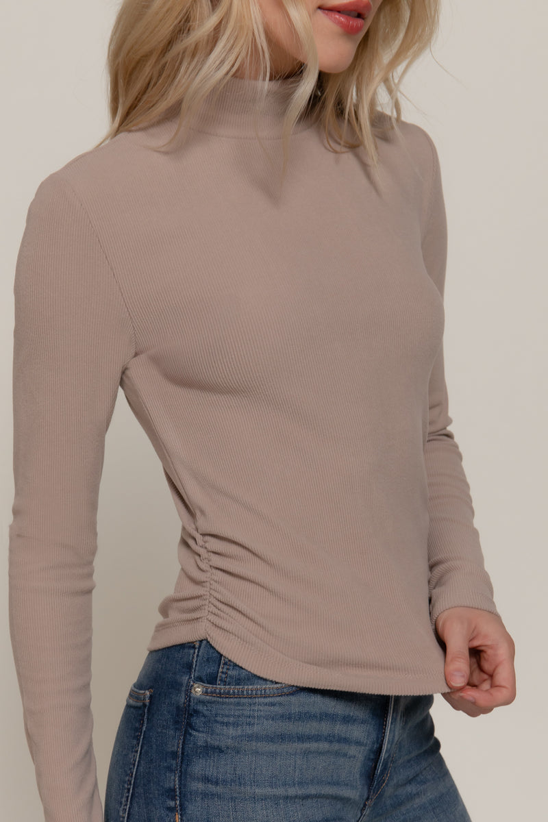 Ruched Side Long Sleeve Low Turtleneck Rib Top