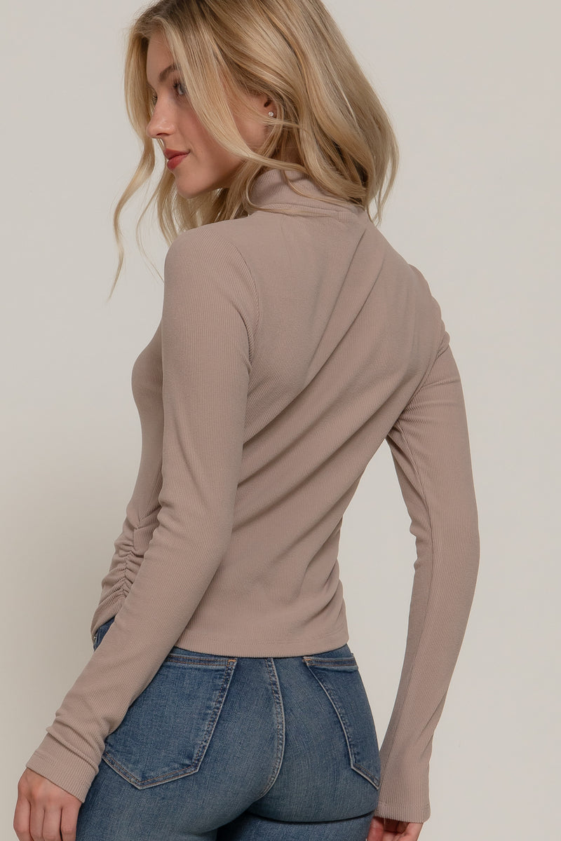 Ruched Side Long Sleeve Low Turtleneck Rib Top