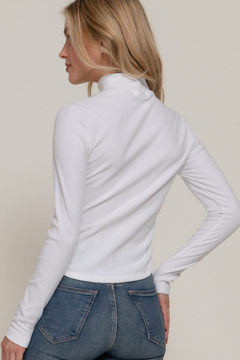 Ruched Side Long Sleeve Low Turtleneck Rib Top