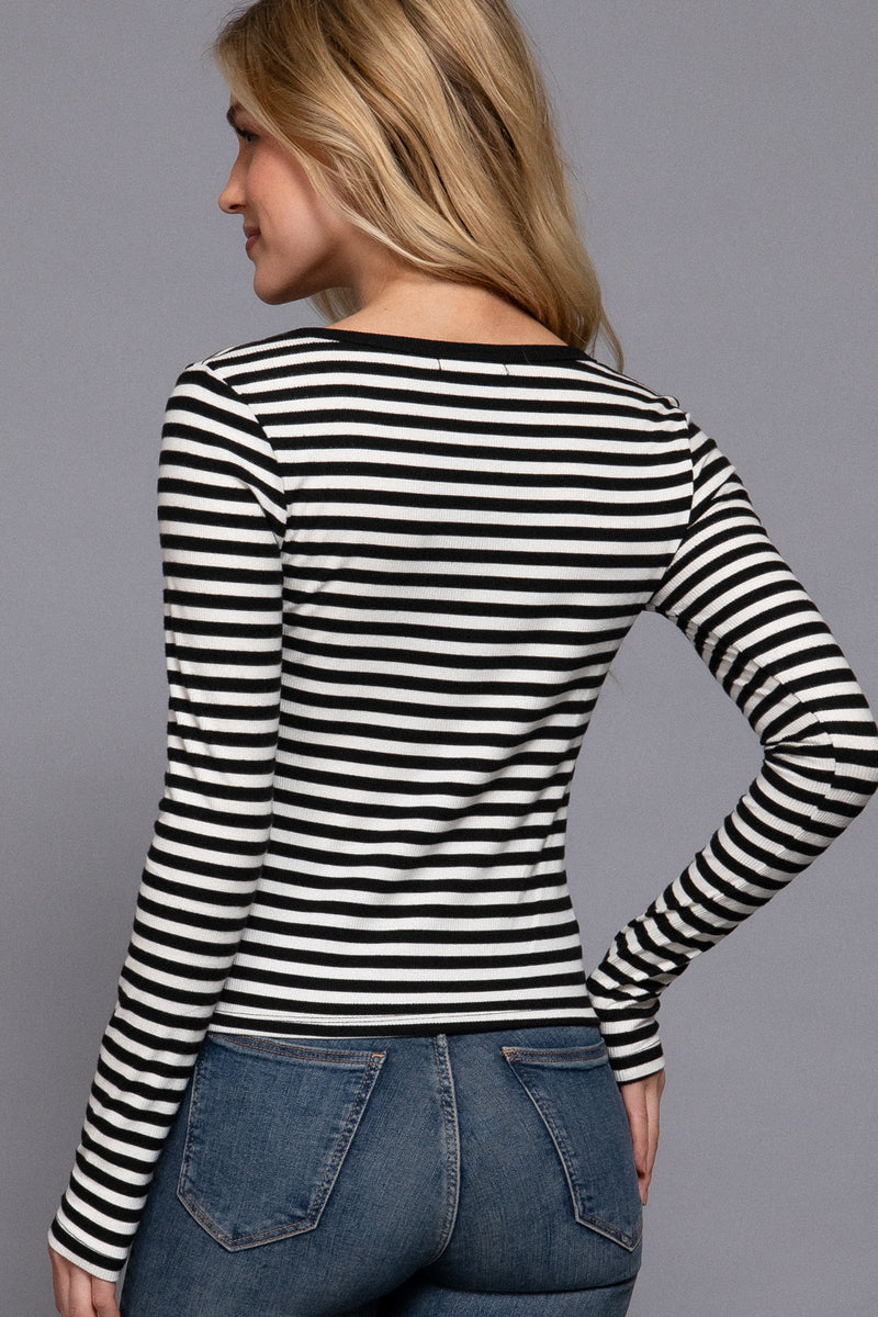 Striped Henley Long Sleeve Rib Top
