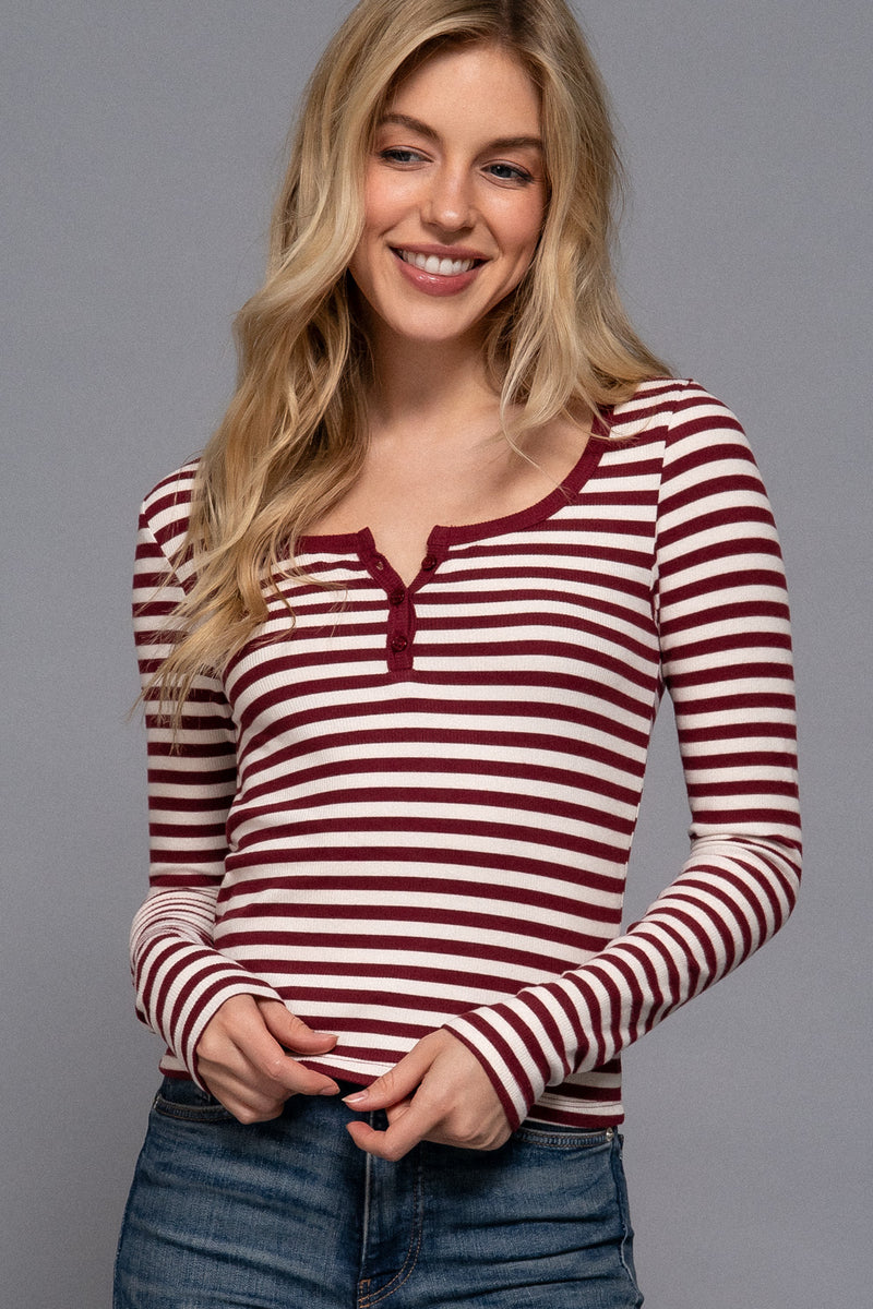 Striped Henley Long Sleeve Rib Top