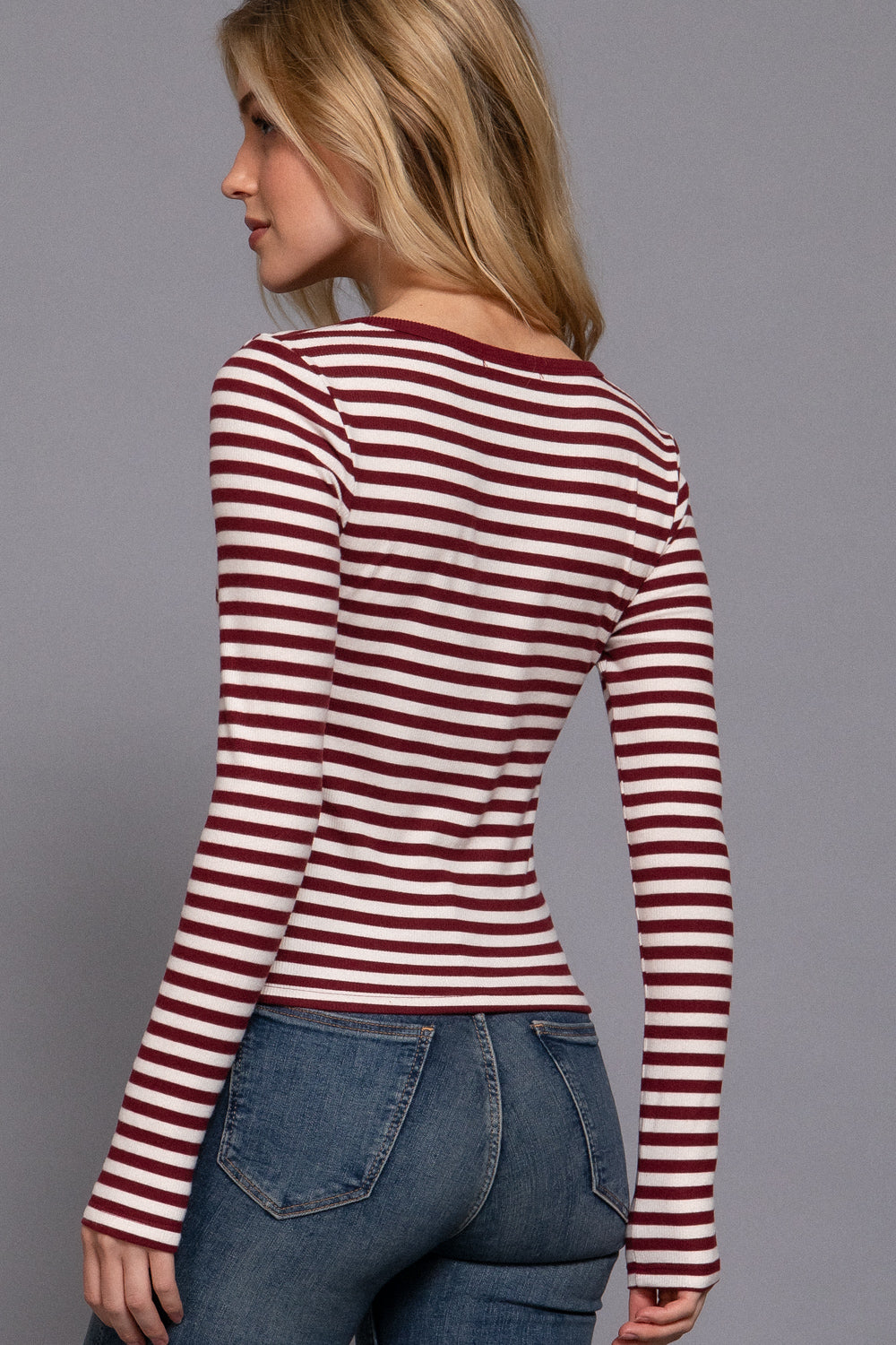 Striped Henley Long Sleeve Rib Top