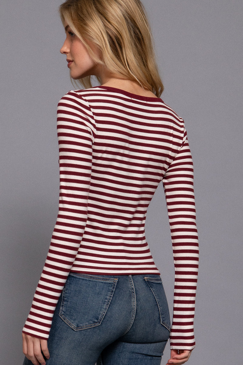 Striped Henley Long Sleeve Rib Top