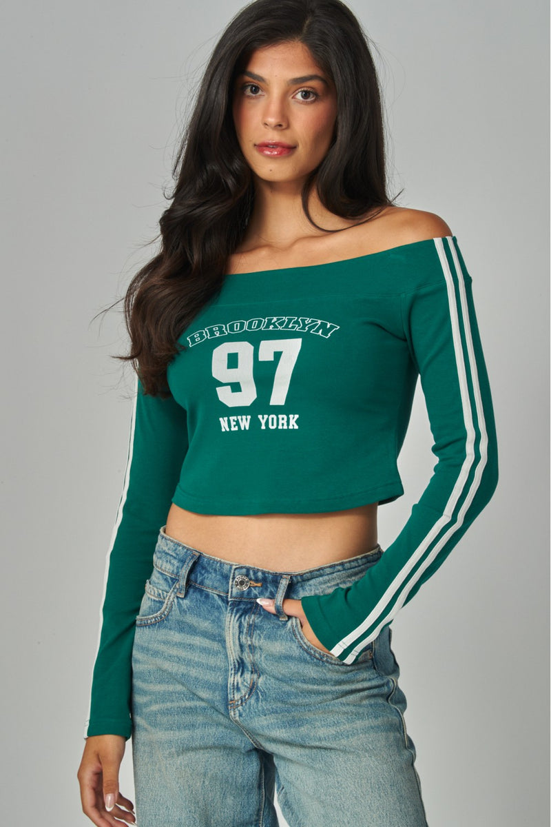 Brooklyn Off Shoulder Long Sleeve Graphic Tee