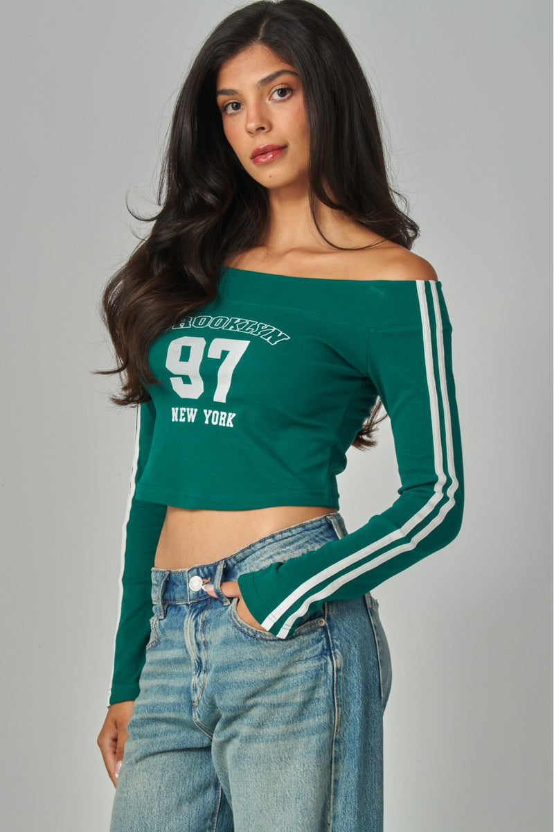 Brooklyn Off Shoulder Long Sleeve Graphic Tee