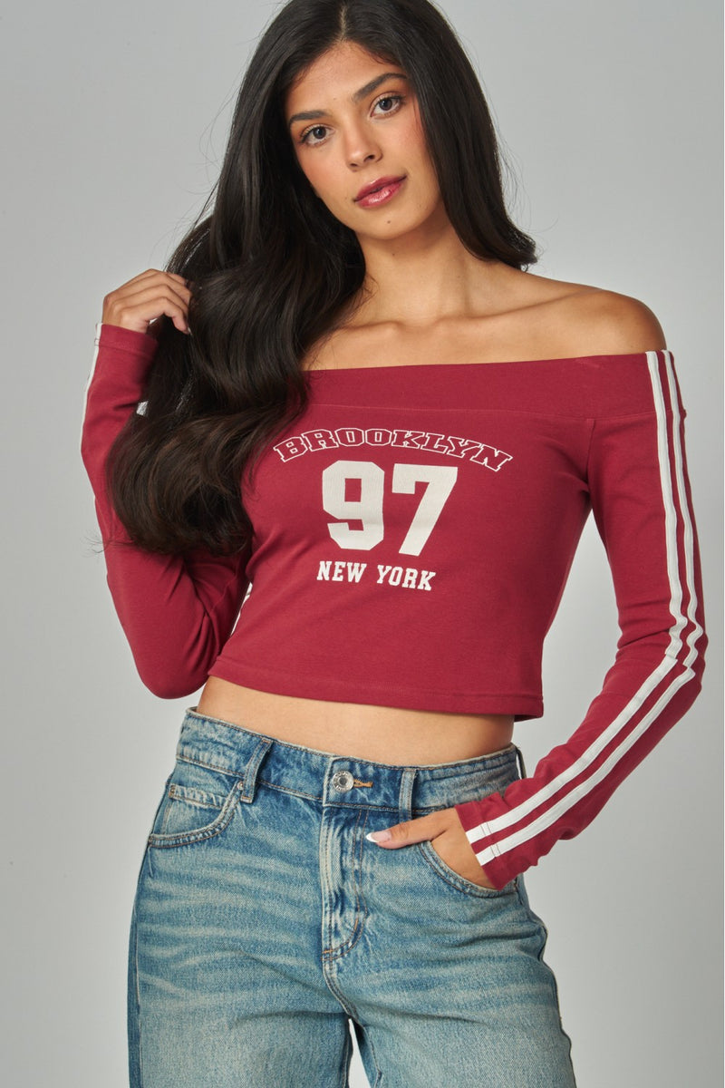 Brooklyn Off Shoulder Long Sleeve Graphic Tee
