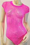 Mesh Rhinestone Short Sleeve Crewneck Bodysuit