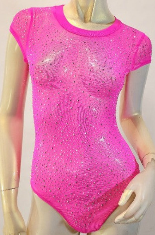 Mesh Rhinestone Short Sleeve Crewneck Bodysuit