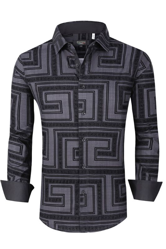 Geometric Grid Flocked L/S Button Up