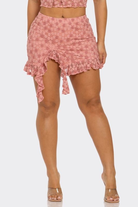 Flower Mesh Ruffle Trim Mini Skirt