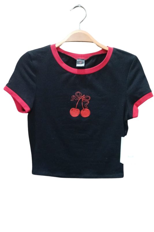 Cherry Bow Crew Short Sleeve Crop Top