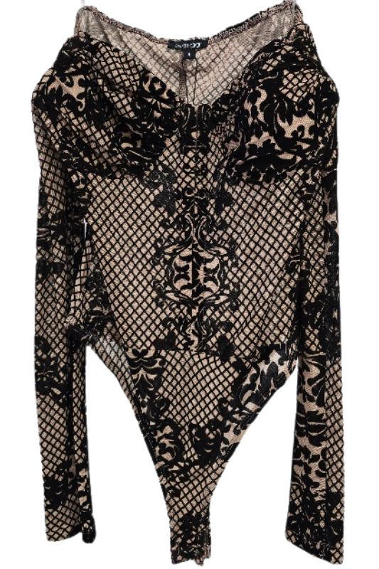 Flocked Print Off Shoulder Long Sleeve Bodysuit