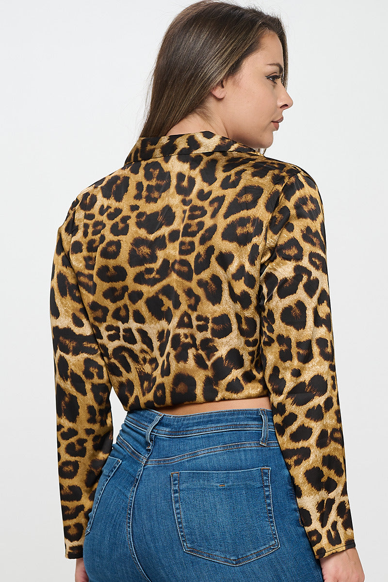 Satin Cheetah Print Front Tie Waist Top