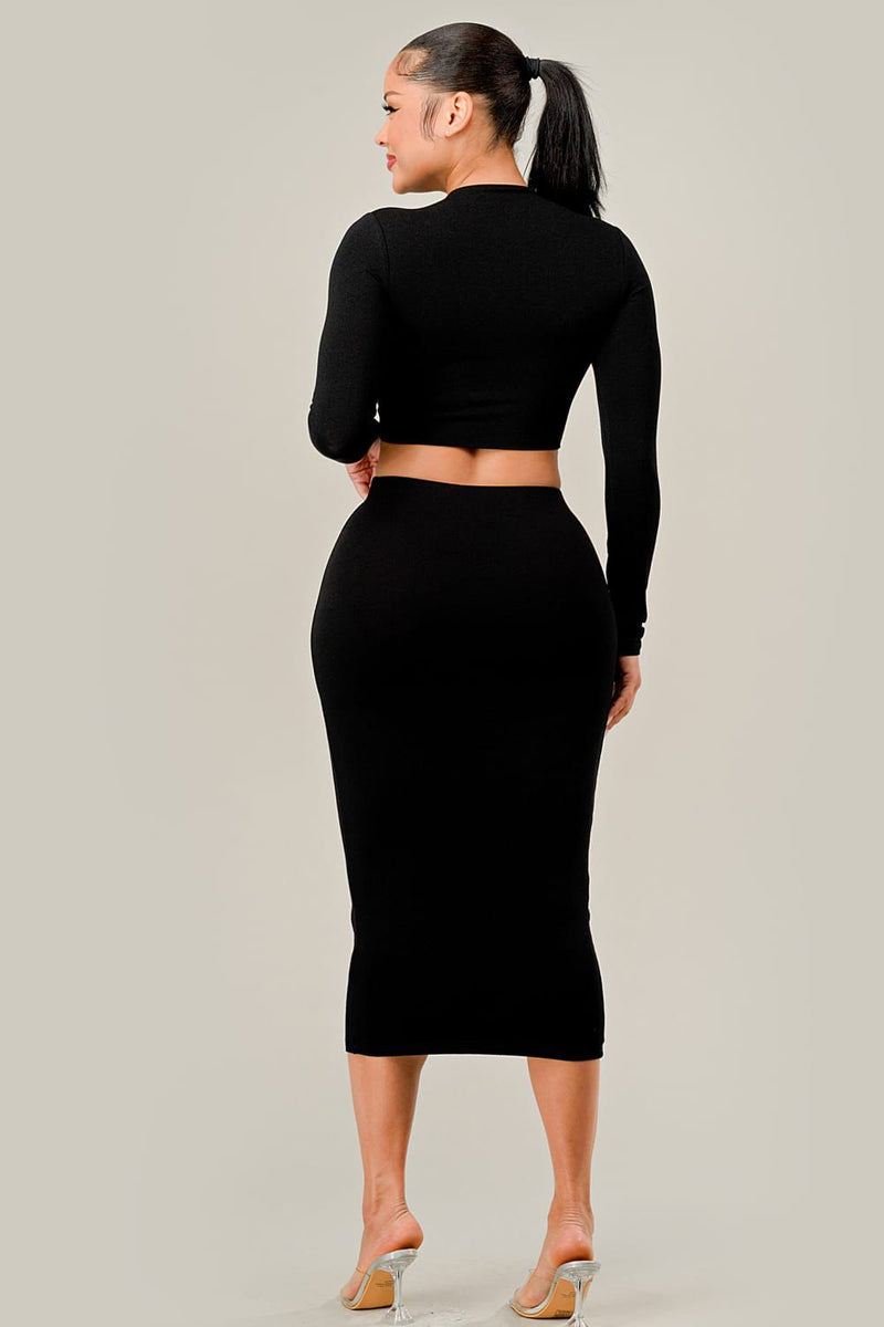 Solid Crew Crop Top and Midi Skirt Set