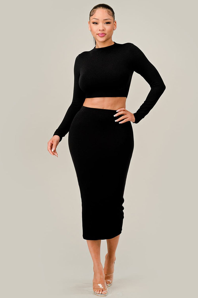 Solid Crew Crop Top and Midi Skirt Set