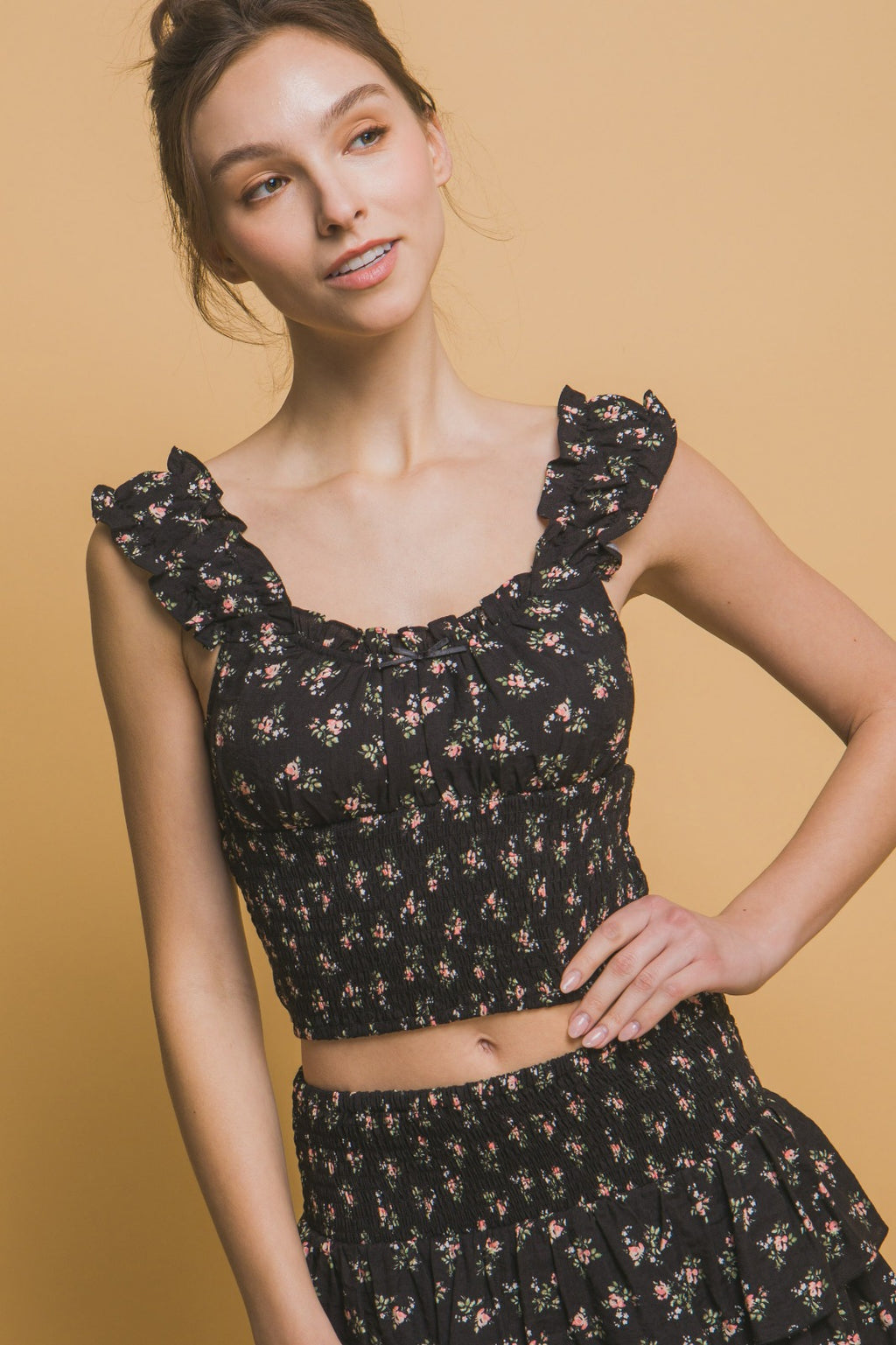 Floral Ruffle Sleeve Smocked Top