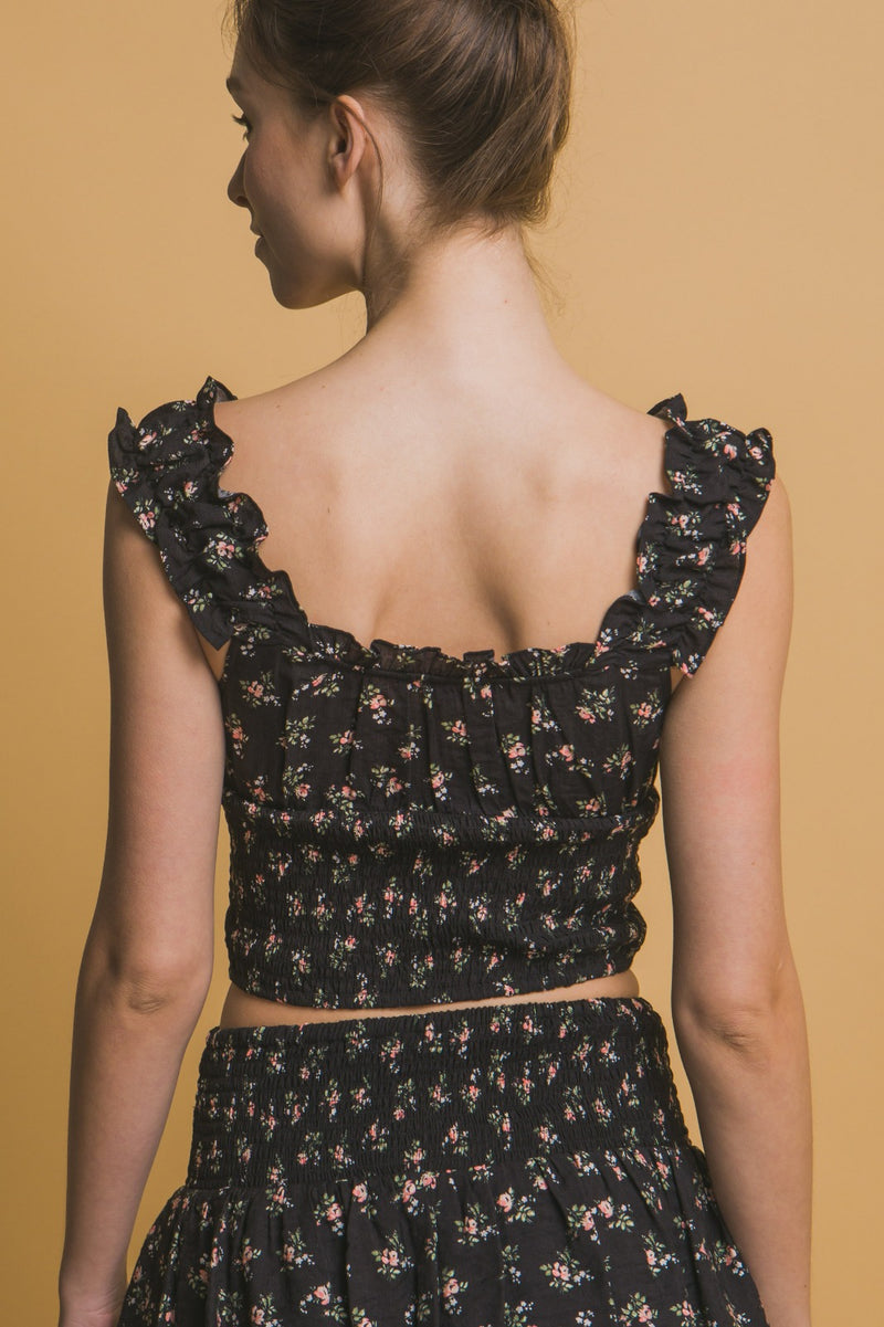 Floral Ruffle Sleeve Smocked Top