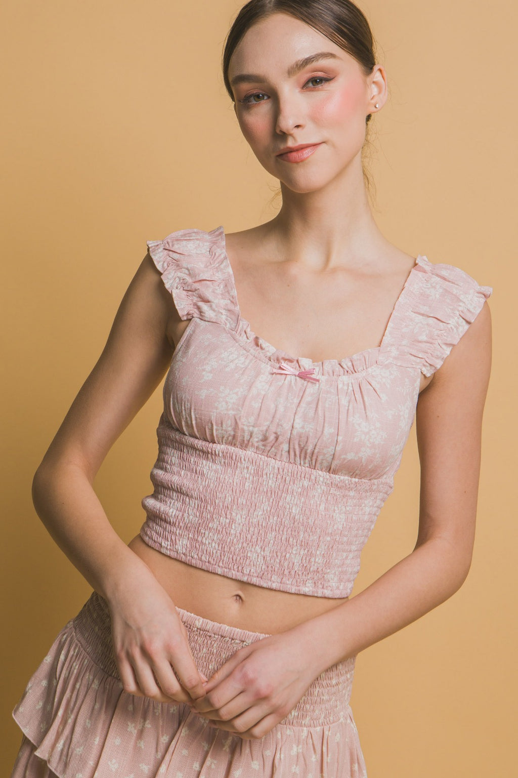 Floral Ruffle Smocked Crop Tank