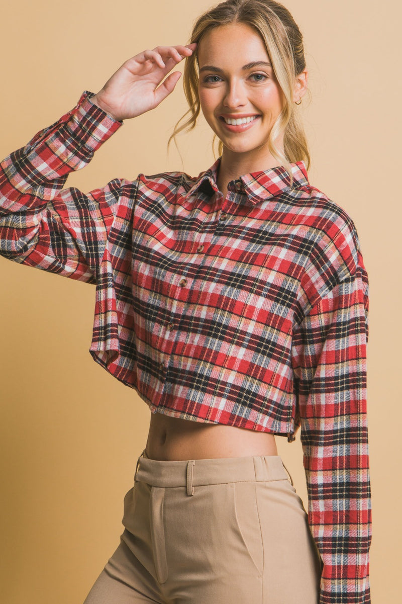 Cropped Plaid Button Up Top