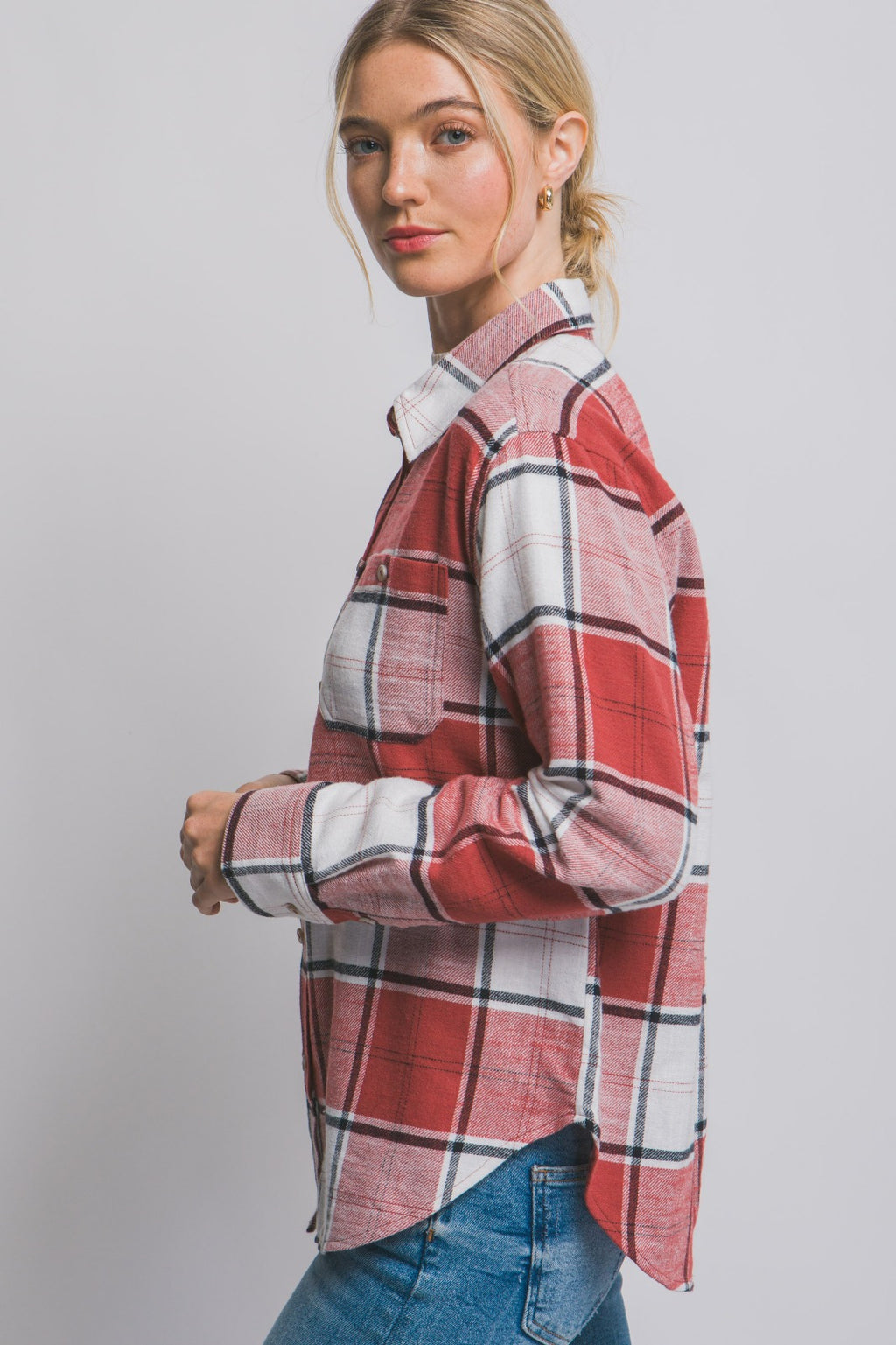 Button Pocket Plaid Top