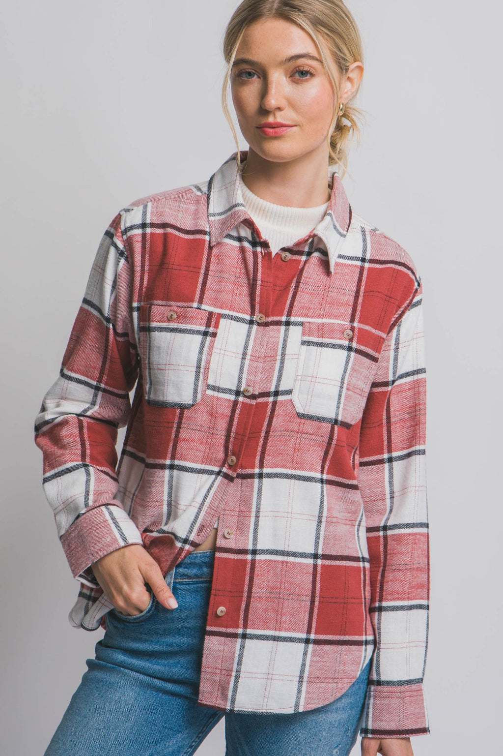 Button Pocket Plaid Top