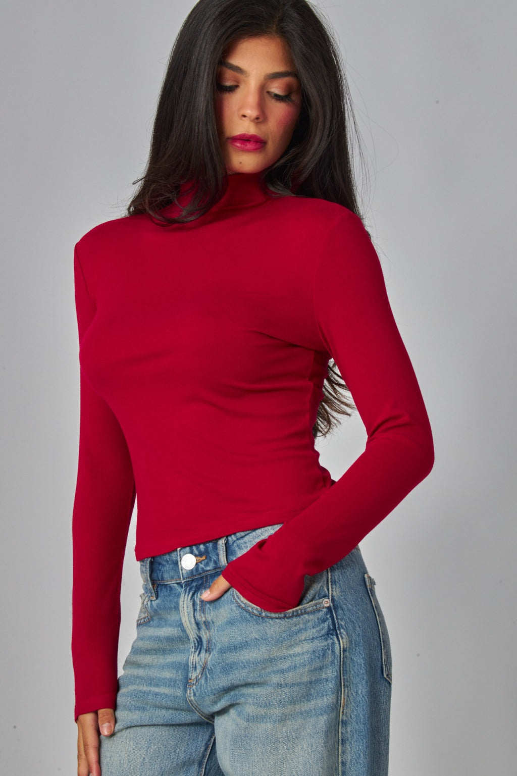 Fine Ribbed Long Sleeve Turtleneck Top