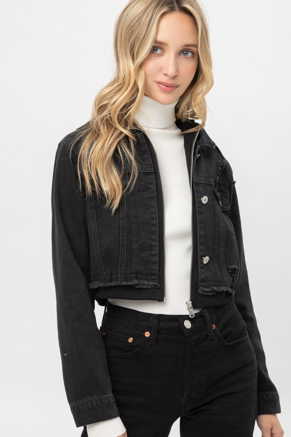 Hoodie Layered Crop Denim Jacket