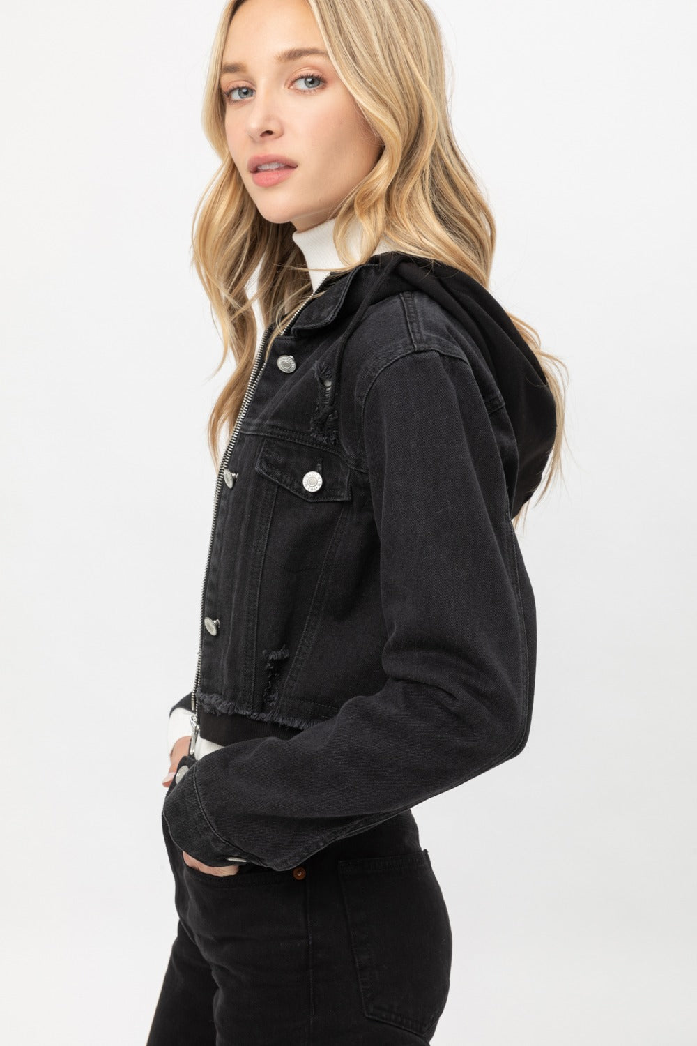 Hoodie Layered Crop Denim Jacket