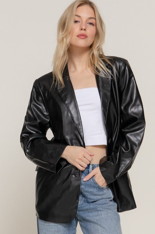 PU Longline Notched Lapel Blazer