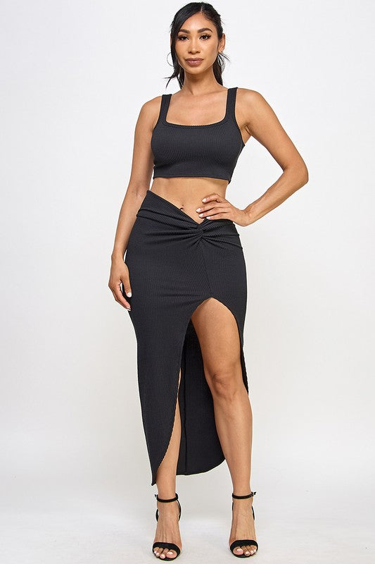 Rib Knit Twisted Skirt and Tank Set