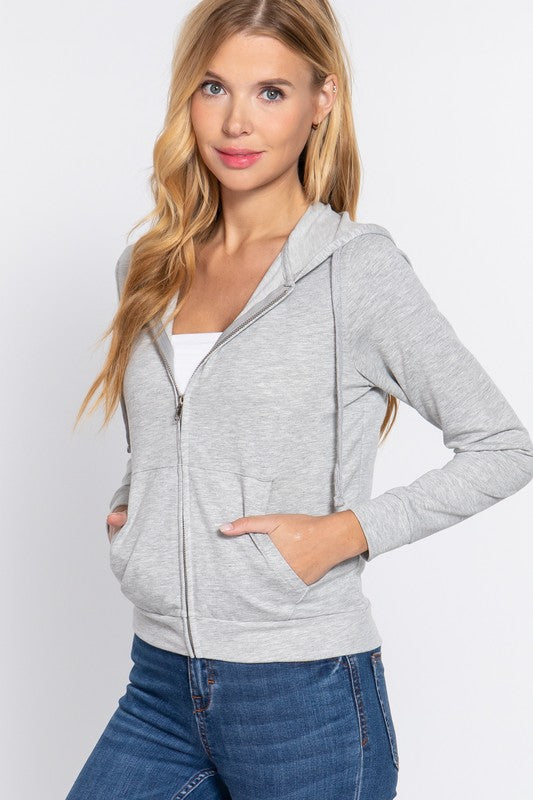 Solid Zip-Up Hoodie Pocket Jacket