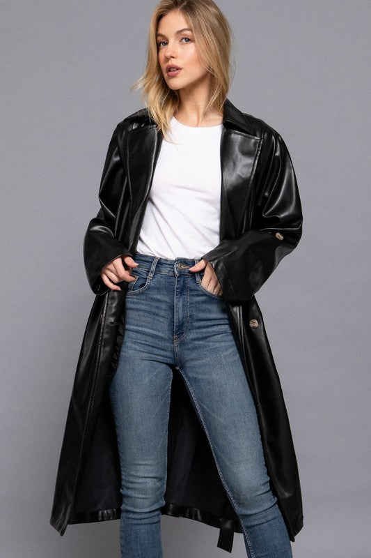 Faux Leather Double Breasted Trench Coat