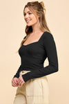 Square Neck Ribbed Knit Long Sleeve Top