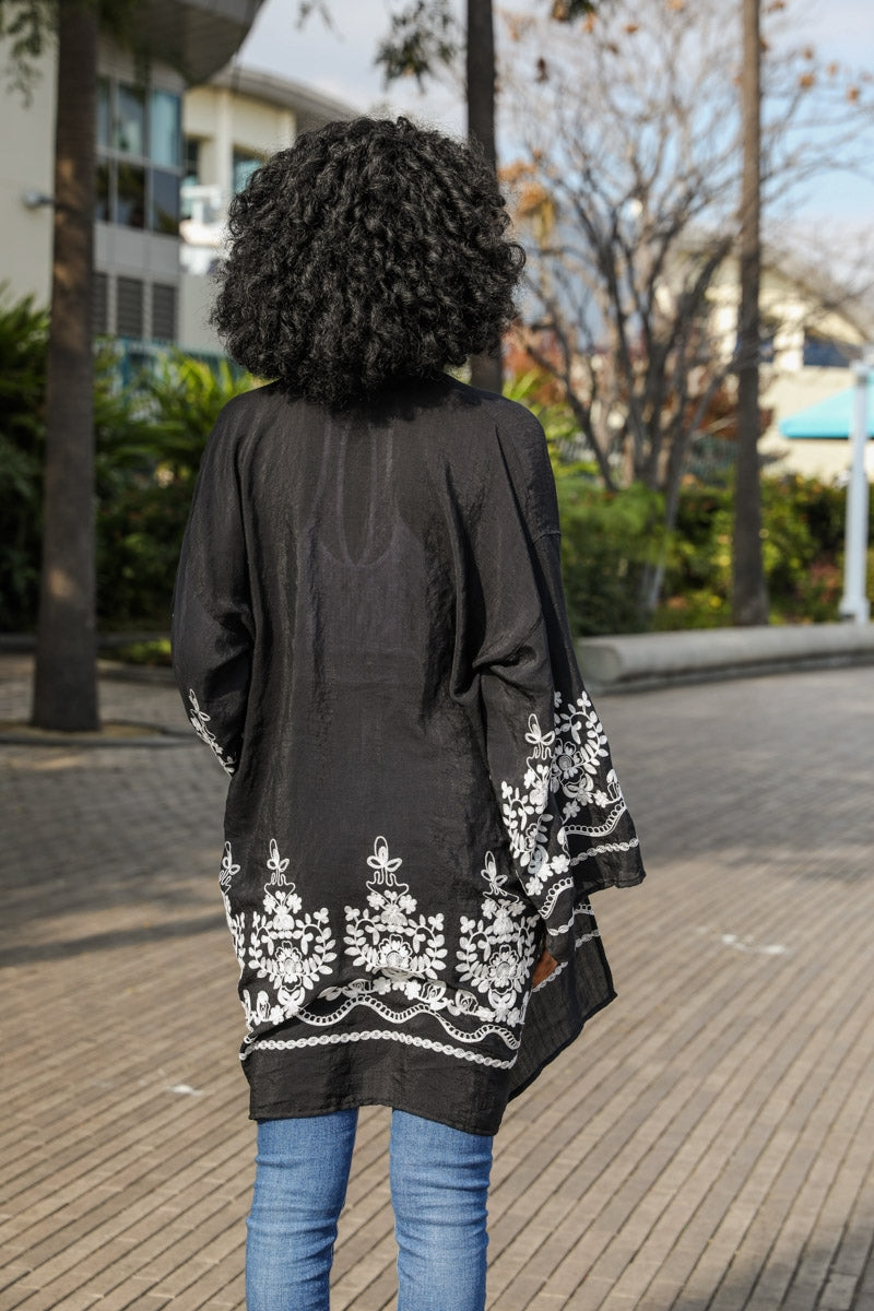 Embroidered Floral Bell Sleeve Kimono