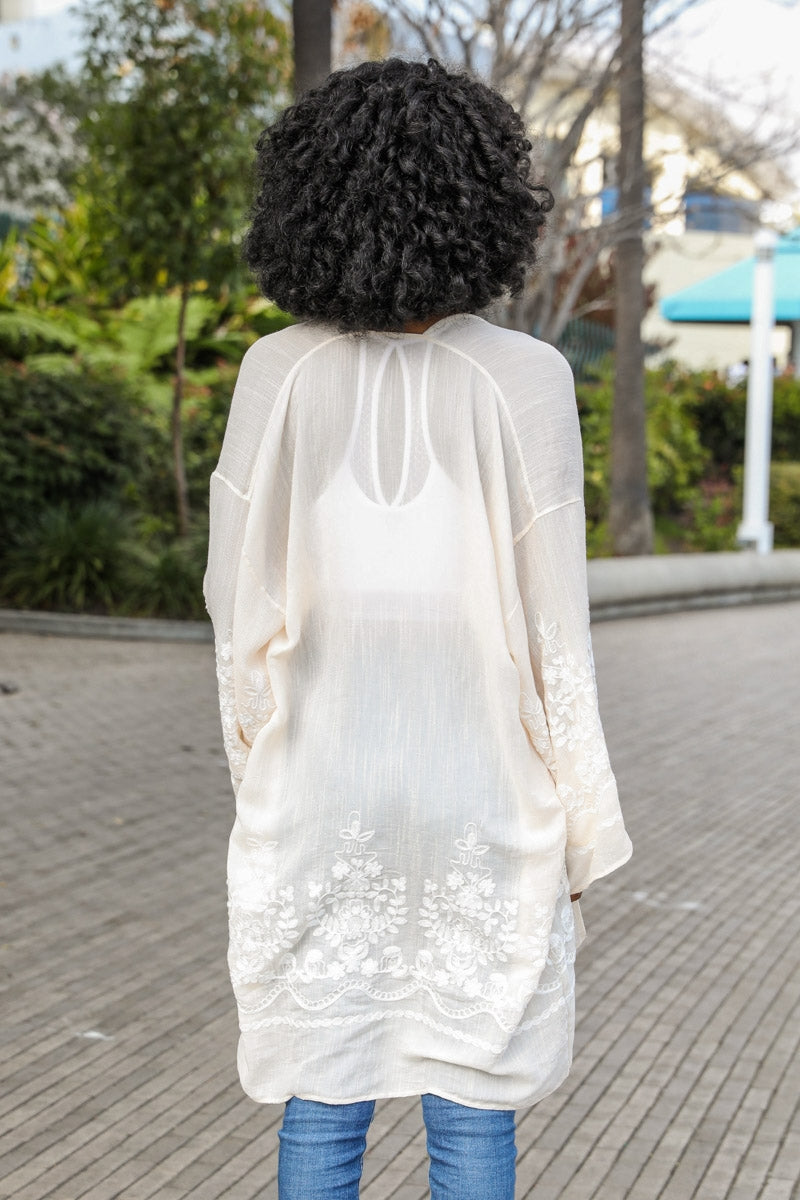 Embroidered Floral Bell Sleeve Kimono