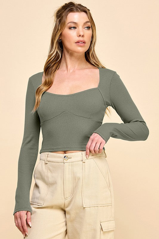 Square Neck Ribbed Knit Long Sleeve Top