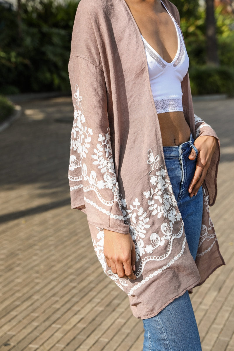 Embroidered Floral Bell Sleeve Kimono