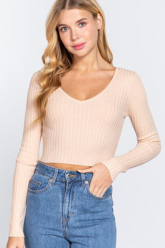 Long Sleeve V-Neck Crop Sweater