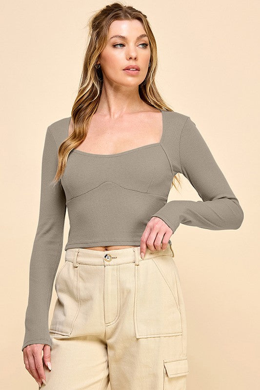 Square Neck Ribbed Knit Long Sleeve Top