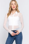 Mesh Notch Collar Long Sleeve Button Front Top