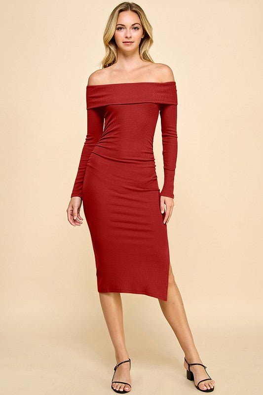 Ruched Off Shoulder Midi Dress with Slit