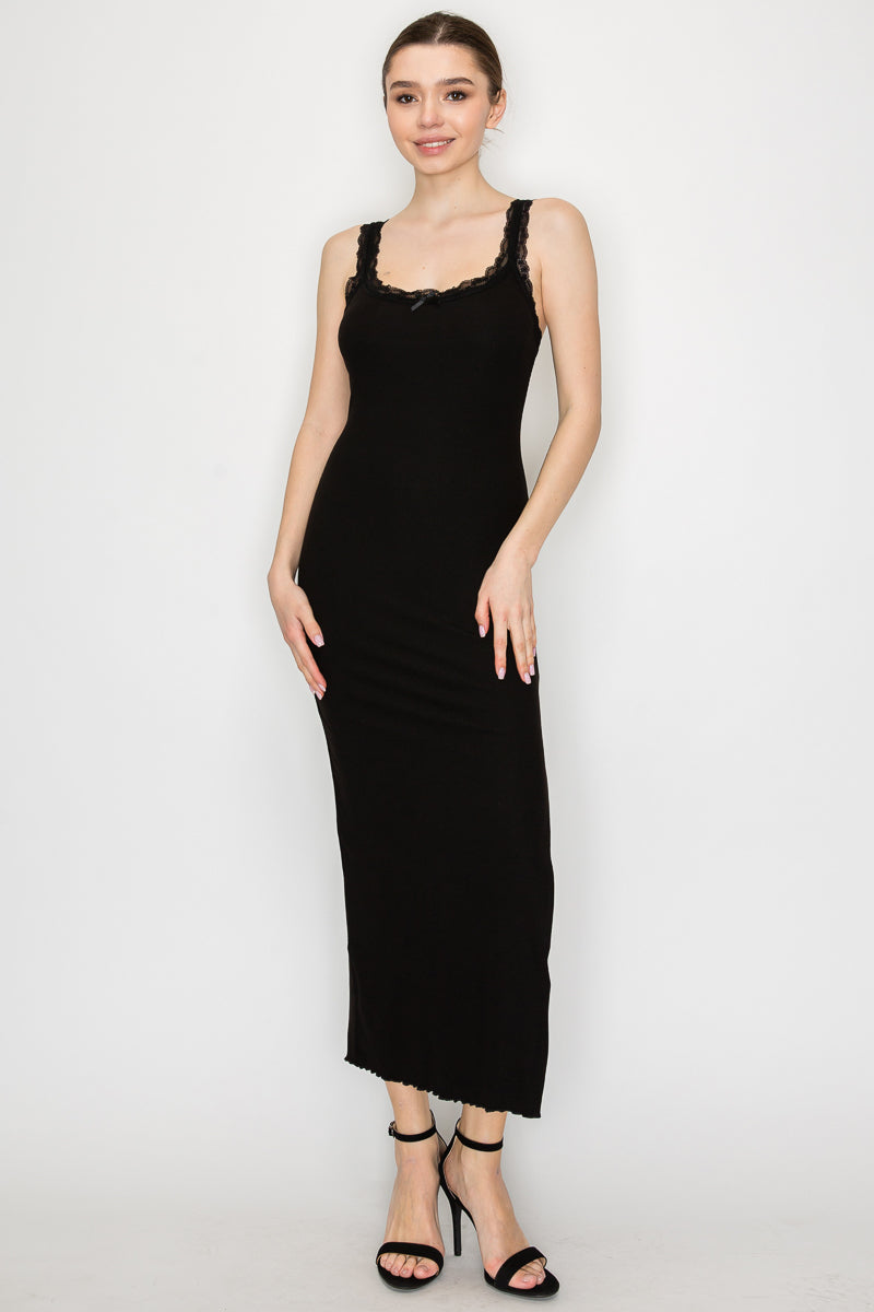 Lace Trim Tank Dress w/Slit