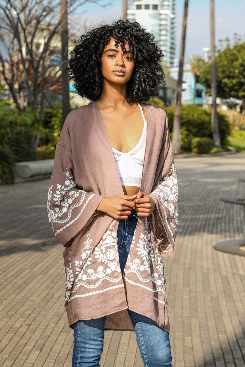 Embroidered Floral Bell Sleeve Kimono