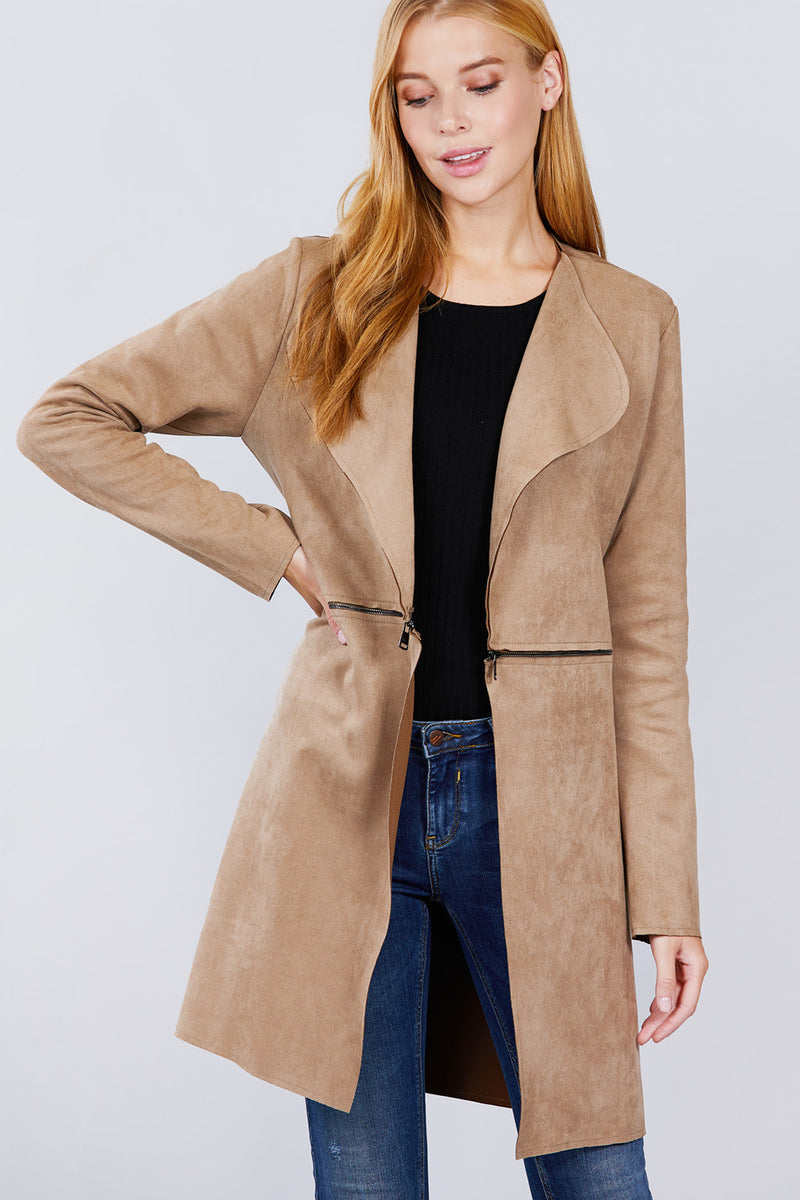 Faux Suede Long Jacket with Zipper Detail