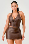 Laced Up Trim Faux Leather Halter Top