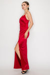 Stretch Satin High Slit Asym Gown