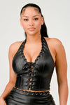 Laced Up Trim Faux Leather Halter Top